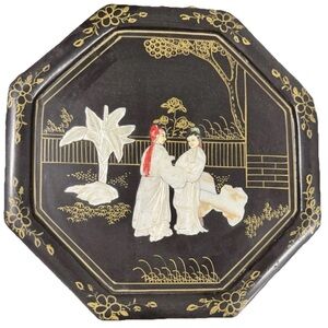 VINTAGE 1950’s CHINESE BLACK LACQUER ROUND WOOD WALL PLAQUE-MOTHER OF PEARL.
